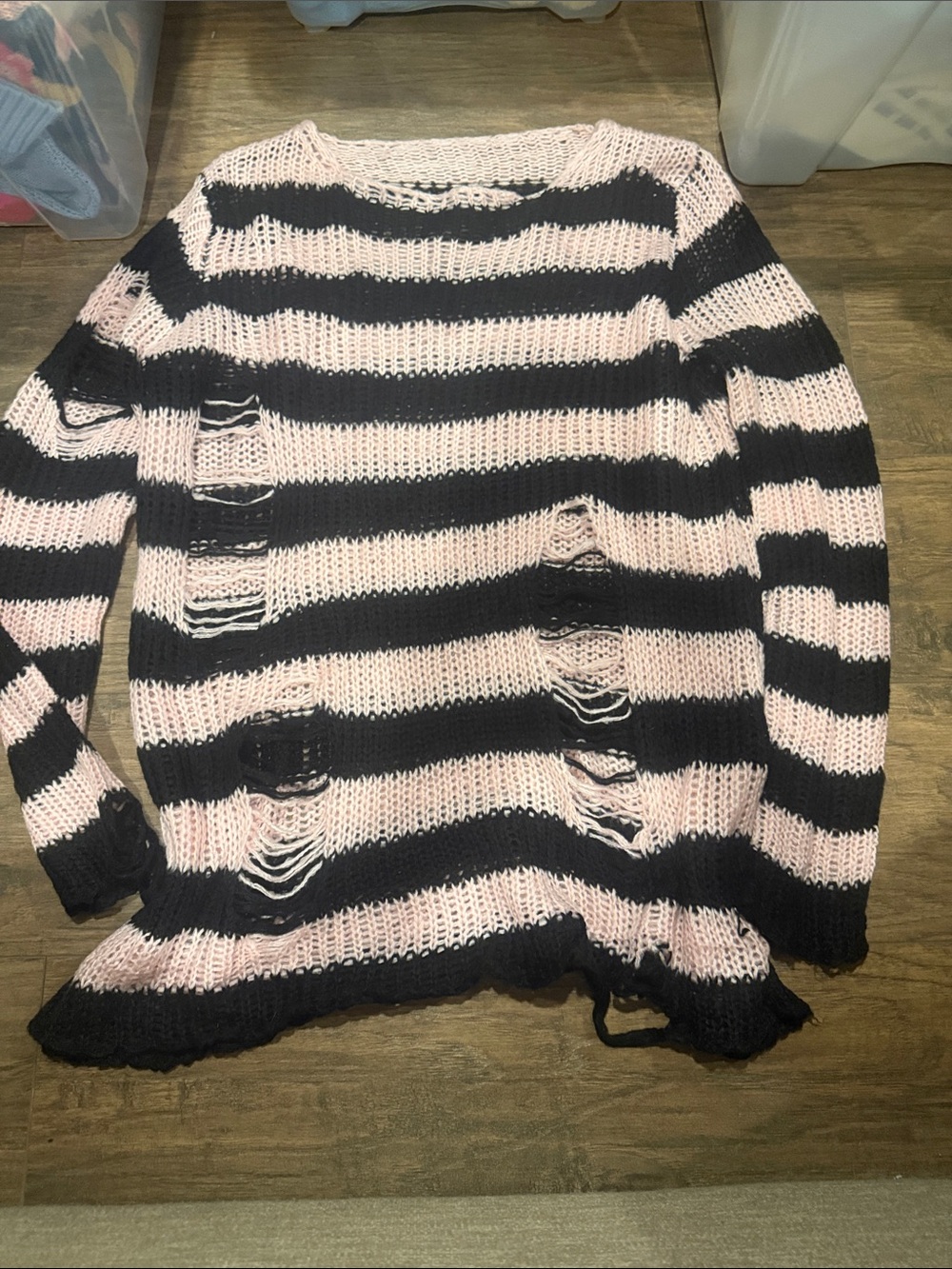 Striped Pink and Black Distressed Knit Sweater